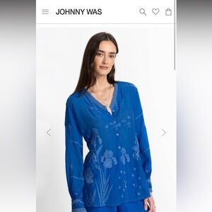 Johnny Was Royal Blue Embroidered Button-Front Blouse